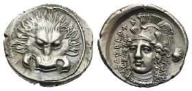 Dynasts of Lycia. Vekhssere II. Zagaba, circa 410-390 BC. Third Stater (Silver, 17.37 mm, 3.19 g). Lion scalp facing. Rev. ‘Zagabah’ (in Lycian), helm...