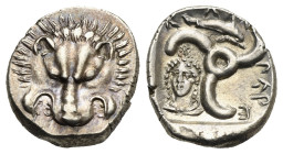Dynasts of Lycia. Perikles. Phellos (?), circa 380-360 BC. Third Stater (Silver, 17.37 mm, 3.19 g). Lion scalp facing. Rev. 'Perikles' (in Lycian), tr...