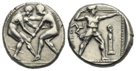 Pamphylia. Aspendos. Circa 420-370 BC. Stater (Silver, 21.97 mm, 10.91 g). Two nude wrestlers face-to-face, grappling each-other by the wrist and neck...