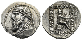 Kings of Parthia. Mithradates II. Seleukeia on the Tigris, circa 119-109 BC. Tetradrachm (Silver, 31.00 mm, 16.35 g). Draped and diademed bust of Mith...