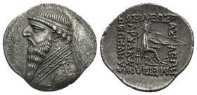 Kings of Parthia. Mithradates II. Ekbatana, circa 109-95 BC. Drachm (Silver, 22.90 mm, 4.15 g). Draped and diademed bust of Mithradates left; two mono...