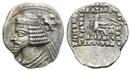 Kings of Parthia. Phraates IV. Ekbatana, circa 37-2 BC. Drachm (Silver, 18.70 mm, 3.56 g). Diademed bust of Phraates left; eagle with wreath in beak a...