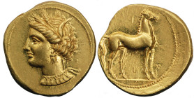 Zeugitania. Carthage. Circa 350-320 BC. Stater (Gold, 19.50 mm, 9.46 g). Head of Tanit to left, wearing wreath of grain ears, triple-pendant earring a...