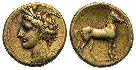 Zeugitania. Carthage. Circa 320-280 BC. Stater (Electrum, 19.37 mm, 7.30 g). Head of Tanit left, wearing wreath of grain ears. Rev. Horse standing rig...