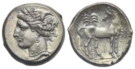 Zeugitania. Carthage. Circa 264-261 BC (First Punic War). Shekel (Silver, 19.81 mm, 7.60 g) Head of Tanit left, wearing wreath of grain ears, pendant ...