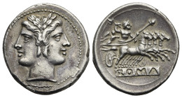 Anonymous, Didrachm or Quadrigatus (Silver, 22.99 mm, 6.57 g). Rome, circa 225-212 BC. Laureate, janiform head of Dioscuri. Rev. ROMA (incuse on raise...