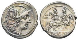 Anonymous, Denarius (Silver, 19.85 mm, 4.00 g). Rome, after 215-214 BC. Helmeted head of Roma right; behind, X. Rev. ROMA, dioscuri riding right. Craw...