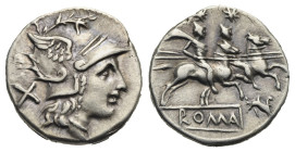 Anonymous (gryphon series), Denarius (Silver, 16.69 mm, 3.75 g). Rome, circa 169-158 BC. Helmeted head of Roma right; behind, X. Rev. Dioscuri riding ...