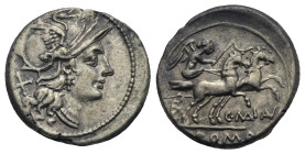 C. Maianius, 153 BC. Denarius (Silver, 19.01 mm, 3.60 g) Rome. Head of Roma right, wearing winged helmet, single-pendant earring and pearl necklace; b...