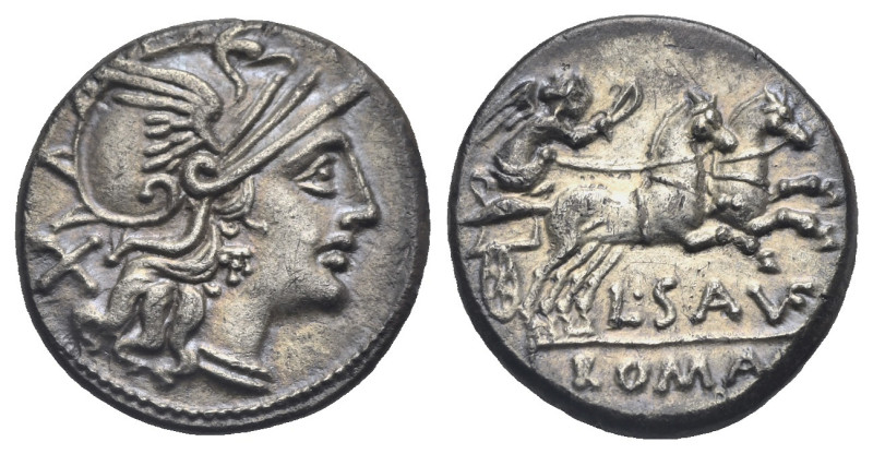 L. Saufeius. 152 BC. Denarius (Silver, 17.48 mm, 3.59 g). Rome. Helmeted head of...