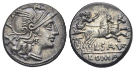 L. Saufeius. 152 BC. Denarius (Silver, 17.48 mm, 3.59 g). Rome. Helmeted head of Roma right; behind, X. Rev. Victory in biga right, holding whip and r...