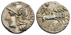 M. Baebius Q.f. Tampilus, 137 BC. Denarius (Silver, 18.17 mm, 4.00 g). Rome. TAMPIL Head of Roma left, wearing winged helmet with peaked visor, single...