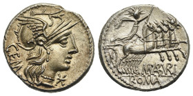 M. Aburius M.f. Geminus, 132 BC. Denarius (Silver, 19.43 mm, 3.99 g). Rome. Head of Roma to right, wearing winged helmet, pendant earring and pearl ne...