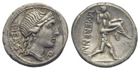 M. Herennius, 108-107 BC. Denarius (Silver, 19.01 mm, 3.88 g) Rome. PIETAS Head of Pietas right, wearing diadem, earring and necklace, P to right. Rev...