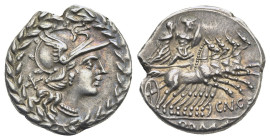 Cn. Gellius, 138 BC. Denarius (Silver, 18.32 mm, 3,93 g) Rome. Helmeted head of Roma right; behind, X; all within laurel wreath. Rev. CN GEL / ROMA, w...