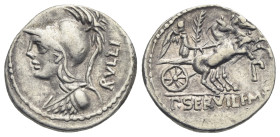 P. Servilius Rullus, 100 BC. Denarius (Silver, 19.82 mm, 3.95 g) Rome. RVLLI Bust of Minerva left, wearing crested Corinthian helmet, cuirass and aegi...