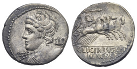 C. Licinius L.f. Macer, 84 BC. Denarius (Silver, 20.66 mm, 3.95 g) Rome. Diademed bust of Vejovis left, seen from behind, wearing drapery on the left ...