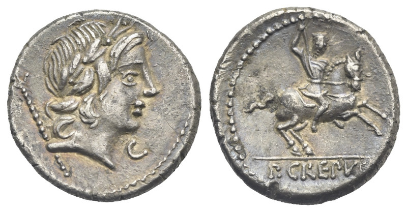 P. Crepusius, 82 BC. Denarius (Silver, 17.15 mm, 2.97 g). Rome. Laureate head of...