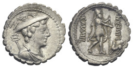 C. Mamilius Limetanus, 82 BC. Denarius Serratus (Silver, 19.31 mm, 3.89 g) Rome. Draped bust of Mercury right, wearing winged petasus; above, N. Rev. ...