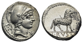 L. Rustius, 76 BC. Denarius (Silver, 17.58 mm, 3.68 g) Rome. Head of young Mars right, wearing crested helmet, S. C behind; before, X. Rev. L. RVSTI R...