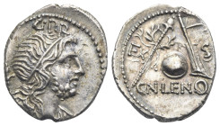 Cn. Cornelius Lentulus, 76-75 BC. Denarius (Silver, 18 mm, 3.89 g) uncertain Spanish mint.G P R Diademed and draped bust of Genius of the Roman People...