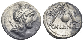 Cn. Cornelius Lentulus, 76-75 BC. Denarius (Silver, 19.53 mm, 3.82 g) uncertain Spanish mint.G P R Diademed and draped bust of Genius of the Roman Peo...