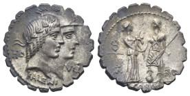 Q. Fufius Calenus and P. Mucius Cordus, 70 BC. Denarius Serratus (Silver, 19.99 mm, 3.82 g) Rome. HO - VIRT / KALENI, jugate heads of Honos and Virtus...