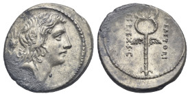 M. Plaetorius M.f. Cestianus, 57 BC. Denarius (Silver, 18.45 mm, 3.91 g) Rome. Male head right; behind, control symbol. Rev. M PLAETORI - CEST EX S C,...