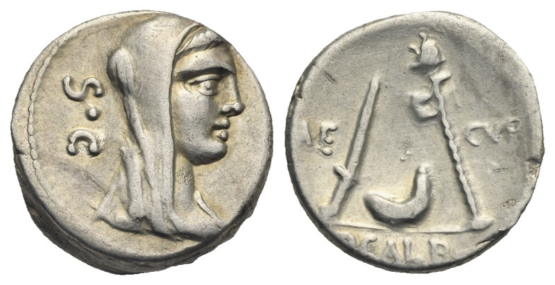 P. Sulpicius Galba, 69 BC. Denarius (Silver, 16.00 mm, 3.92 g). Rome. S C Veiled...