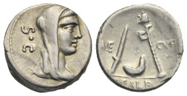 P. Sulpicius Galba, 69 BC. Denarius (Silver, 16.00 mm, 3.92 g). Rome. S C Veiled and diademed head of Vesta to right. Rev. AE - CVR / P GALB Emblems o...