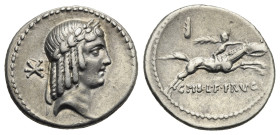 C. Calpurnius L.f. Frugi, 67 BC. Denarius (Silver, 18.97 mm., 3.98 g.). Rome. Laureate head of Apollo to right; behind, star. Rev. C PIS L F FRVGI Hor...