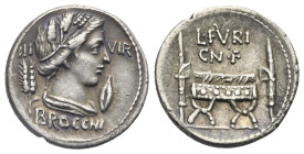 L. Furius Cn.f. Brocchus, 63 BC. Denarius (Silver, 18.96 mm, 3.88 g), Rome. III - VIR / BROCCHI, wreathed head of Ceres right, between corn ear and ba...