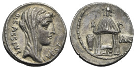 Q. Cassius Longinus, 55 BC. Denarius (Silver, 18.19 mm, 3.53 g). Rome. Q CASSIVS - VEST Veiled head of Vesta right. Rev. Temple of Vesta in Roman Foru...