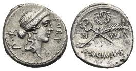 Q. Sicinius, 49 BC. Denarius (Silver, 18.10 mm, 3.82 g). Rome. FORT - P R Diademed head of Fortuna Populi Romani right. Rev. III VIR Q SICINIVS Palm b...