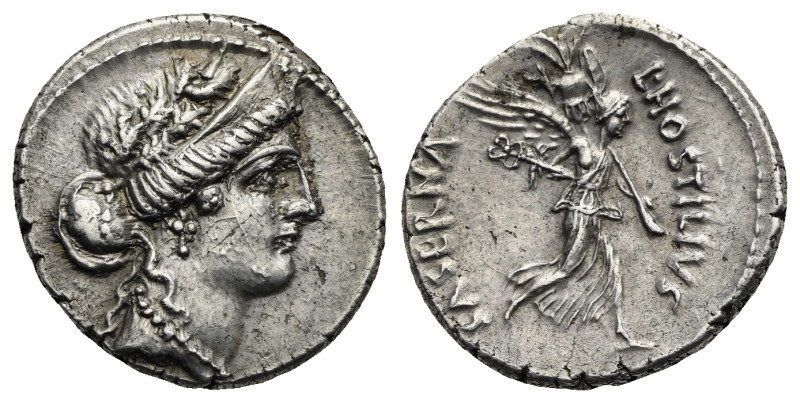 L. Hostilius Saserna. 48 BC. Denarius (Silver, 18.85 mm, 4.05 g). Rome. Diademed...