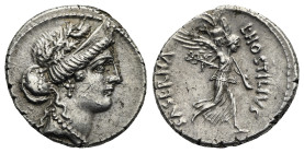 L. Hostilius Saserna. 48 BC. Denarius (Silver, 18.85 mm, 4.05 g). Rome. Diademed female head to right, wearing oak wreath. Rev. L HOSTILIVS - SASERNA,...