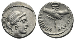 D. Junius Brutus Albinus, 48 BC. Denarius (Silver, 16.87 mm, 3.98 g) Rome. PIETAS, head of Pietas right. Rev. ALBINVS BRVTI F, two hands clasped and h...