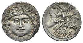 L. Plautius Plancus, 47 BC. Denarius (Silver, 19.10 mm, 4.01 g) Rome. L. PLAVTIVS in exergue. Head of Medusa facing, with flowing hair and coiled snak...