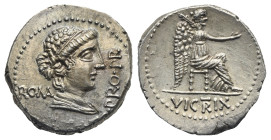 M. Porcius Cato, 47-46 BC. Denarius (Silver, 17.54 mm, 4.09 g). Africa, 47-46 BC. M CATO PRO PR - ROMA, draped and diademed female bust right. Rev. VI...