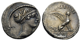 T. Carisius, 46 BC. Denarius (Silver, 18.34 mm, 3.87 g). Rome. Head of the sibyl Herophile right, curly hair tied in band. Rev. T CARISIVS / III VIR S...