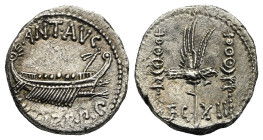 M. Antonius, 32-31 BC. Denarius (Silver, 17.16 mm, 3.60 g) Military mint moving with Antonius. ANT AVG / III VIR R P C, ship right, with sceptre tied ...