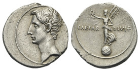 C. Caesar Octavianus, 32-29 BC. Denarius (Silver 19.40 mm, 3.75 g) Brundisium or Rome. Bare head of Octavianus left. Rev. CAESAR - DIVI F, Victory sta...