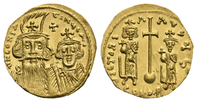 Constans II, with Constantine IV, Heraclius and Tiberius, 641-668. Solidus (Gold...