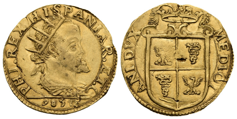 Italy. Milano. Filippo II di Spagna, 1556-1598. Doppia 9851 instead of 1589 (Gol...