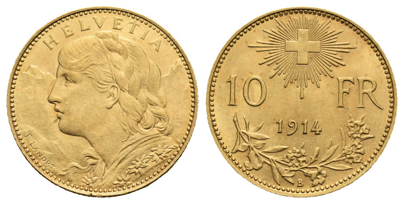 Switzerland. 10 Francs 1914-B (Gold, 19.04 mm, 3.22 g). Bern. HELVETIA Bust of y...