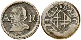 1653. Felipe IV. Barcelona. 1 ardit. (Cal. 1235) (Cru.C.G. 4421). 1,69 g. Ex Colección Lepanto, Áureo 27/04/1999, nº 486. MBC-/BC+.