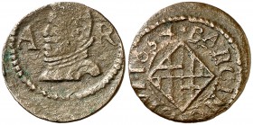 1654. Felipe IV. Barcelona. 1 ardit. (Cal. 1236) (Cru.C.G. 4421a). 1,53 g. Algo descentrada. MBC-.