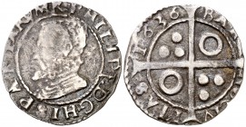 1636. Felipe IV. Barcelona. 1 croat. (Cal. 970) (Cru.C.G. 4413f). 1,64 g. Busto de Felipe II. Rara. MBC-.