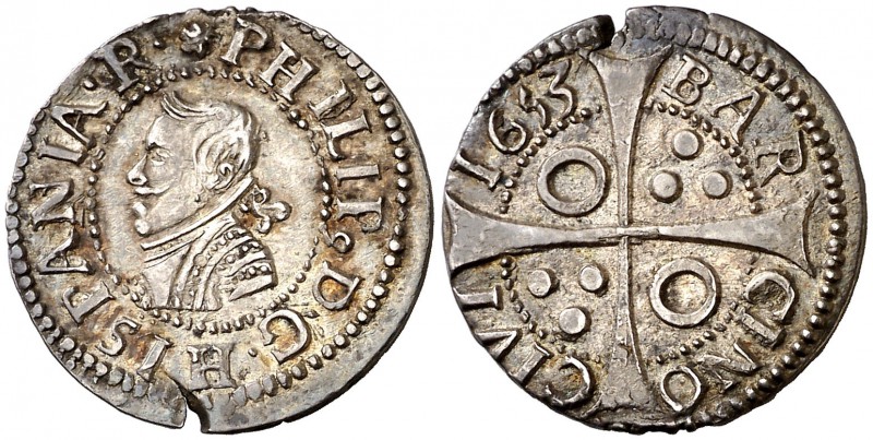 1653. Felipe IV. Barcelona. 1 croat. (Cal. 982) (Cru.C.G. 4414l). 3 g. Mínima gr...