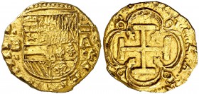 (166)0. Felipe IV. Barcelona. A. 2 escudos (Cal. 127) (Cru.C.G. falta) (Tauler 112, mismo ejemplar). 6,78 g. Sólo visible la parte inferior del último...